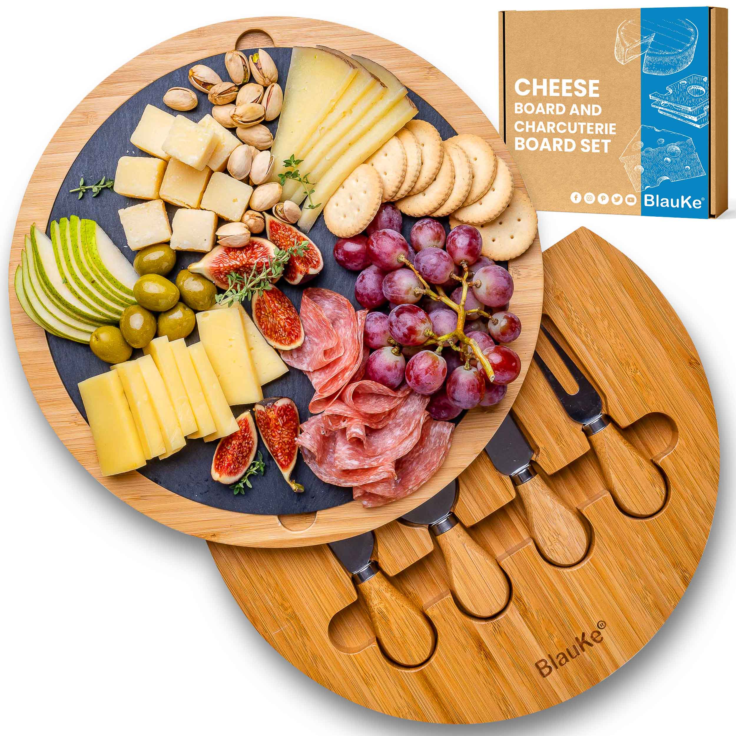 Round Bamboo Cheese Board with Knife Set and Removable Slate 12