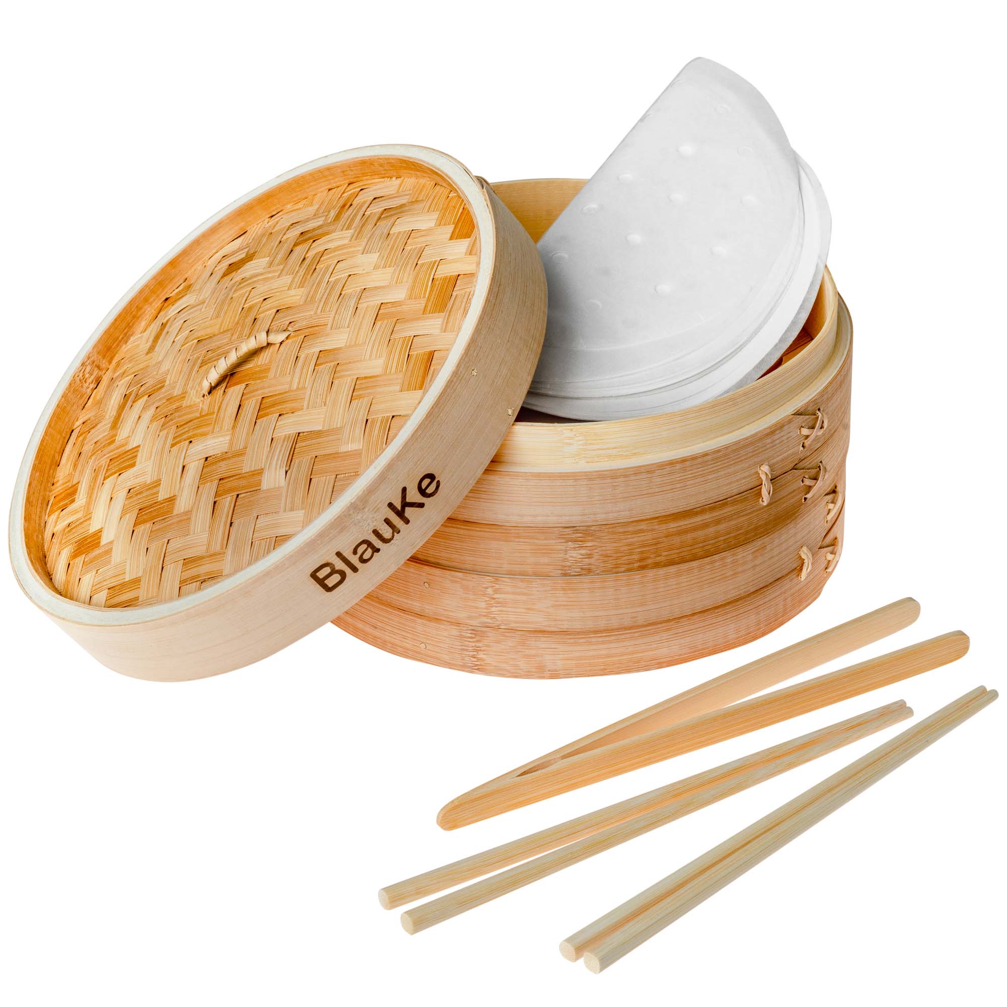 bambus stokker 2-Tier Bamboo Steamer Basket 10 Inch with 2 Pairs