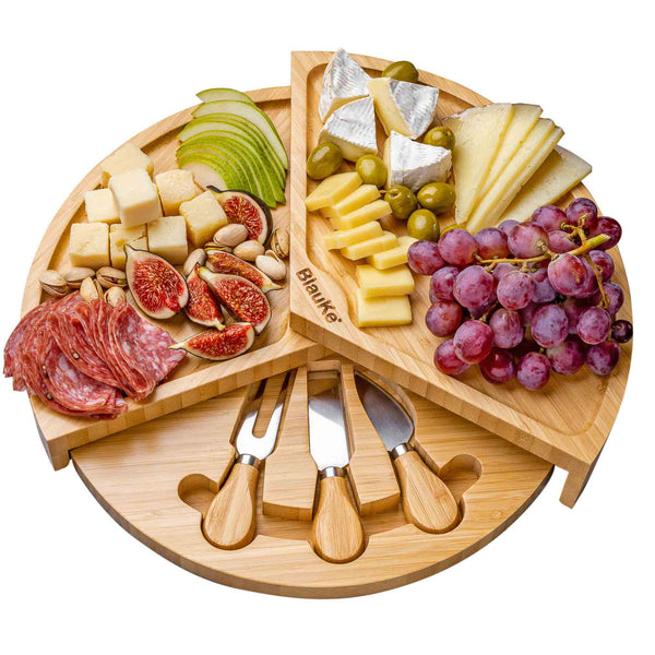 Bamboo Cheese Board and Knife Set - 14 Inch Swiveling Charcuterie Board with Slide-Out Drawer - Cheese Serving Platter, Round Serving Tray