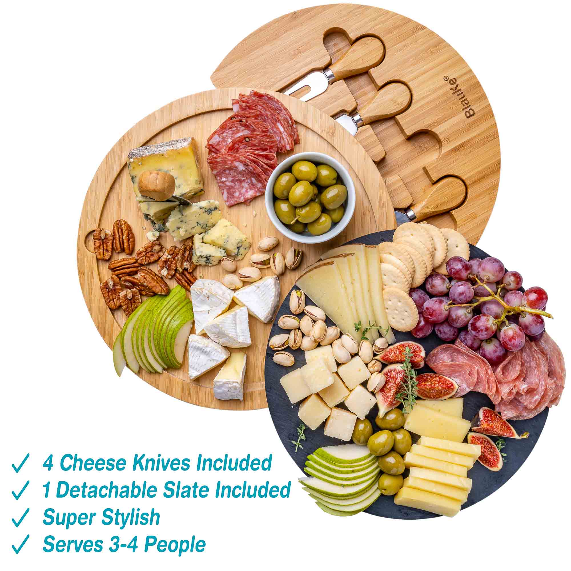 Round Bamboo Cheese Board with Knife Set and Removable Slate - 12 inch Swiveling Charcuterie Board