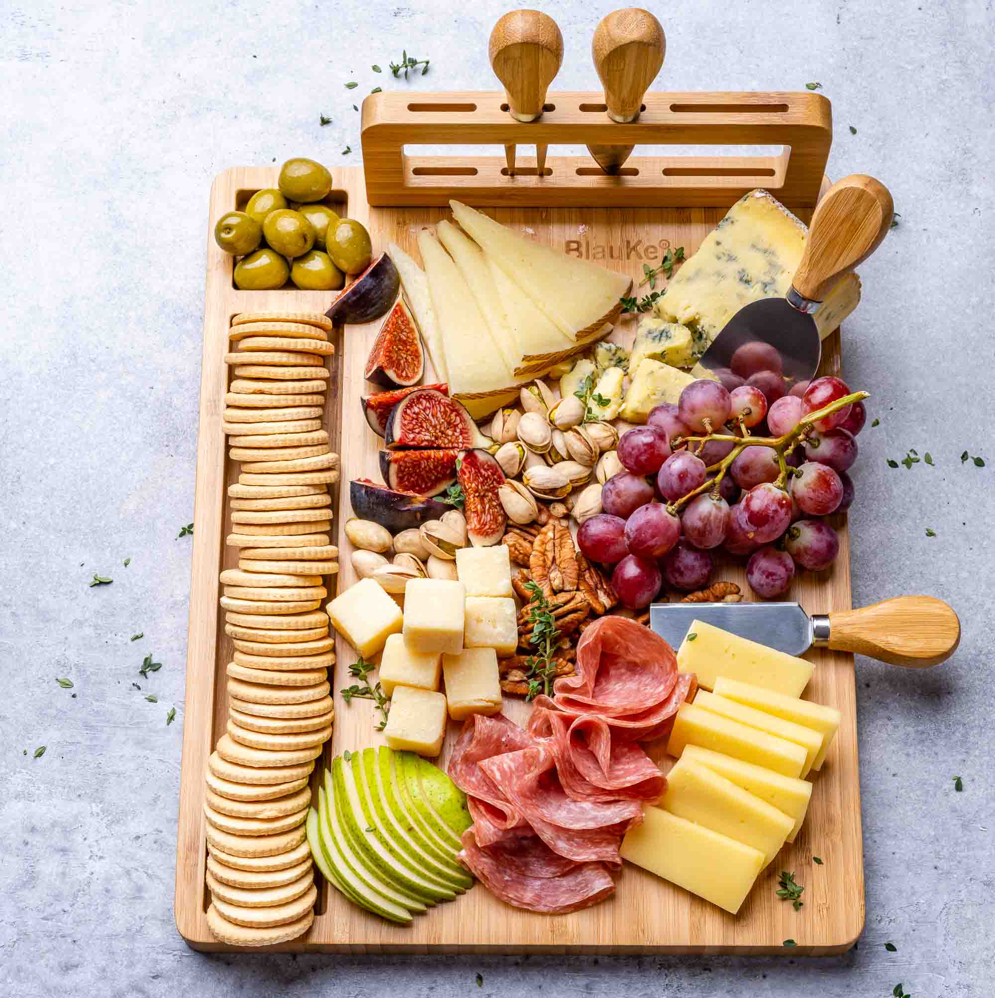 Bamboo Cheese Board and Knife Set - 14x11 inch Charcuterie Board with 4 Cheese Knives - Wood Serving Tray