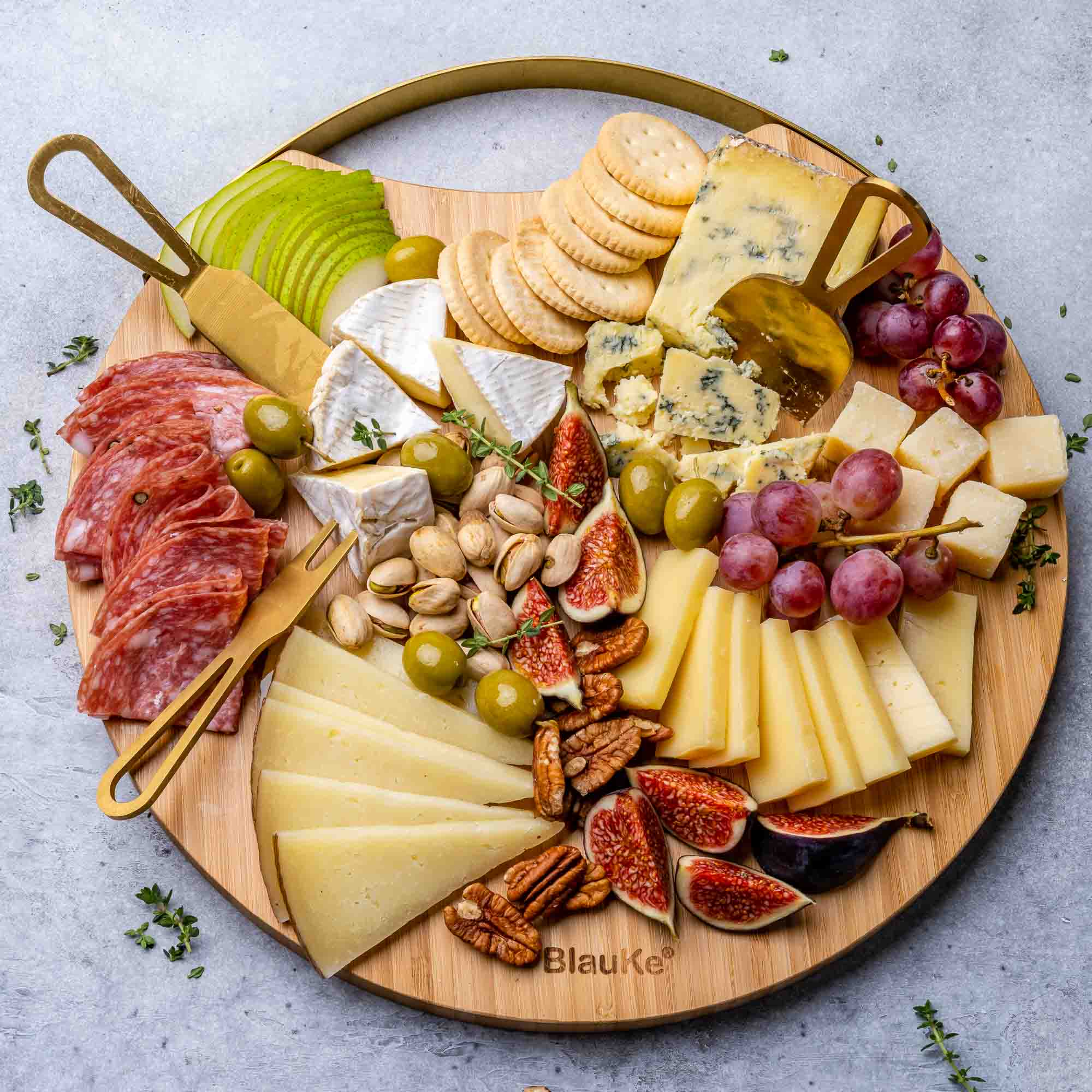 Bamboo Cheese Board and Knife Set with Magnetic Cutlery Storage - 13 inch Round Charcuterie Board