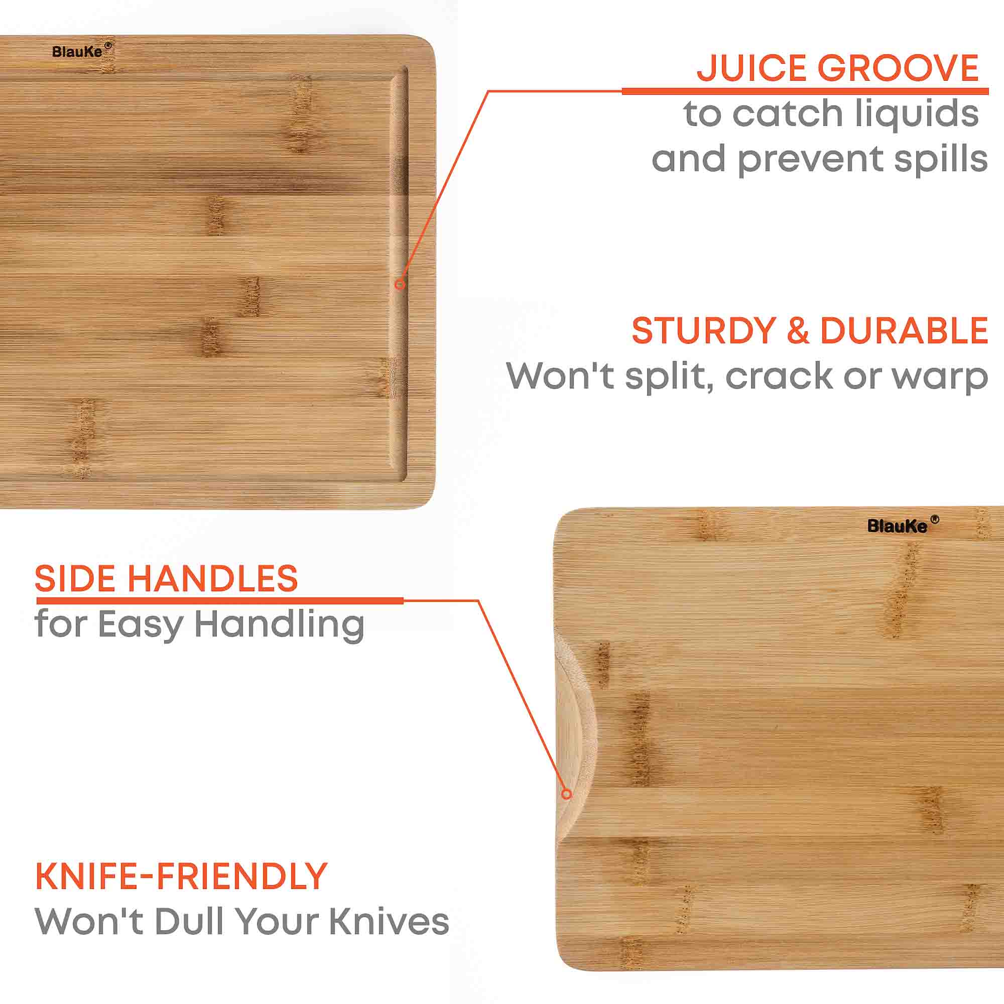 Wooden Cutting Boards for Kitchen with Juice Groove and Handles - Bamboo Chopping Boards Set of 3 - Wood Serving Trays