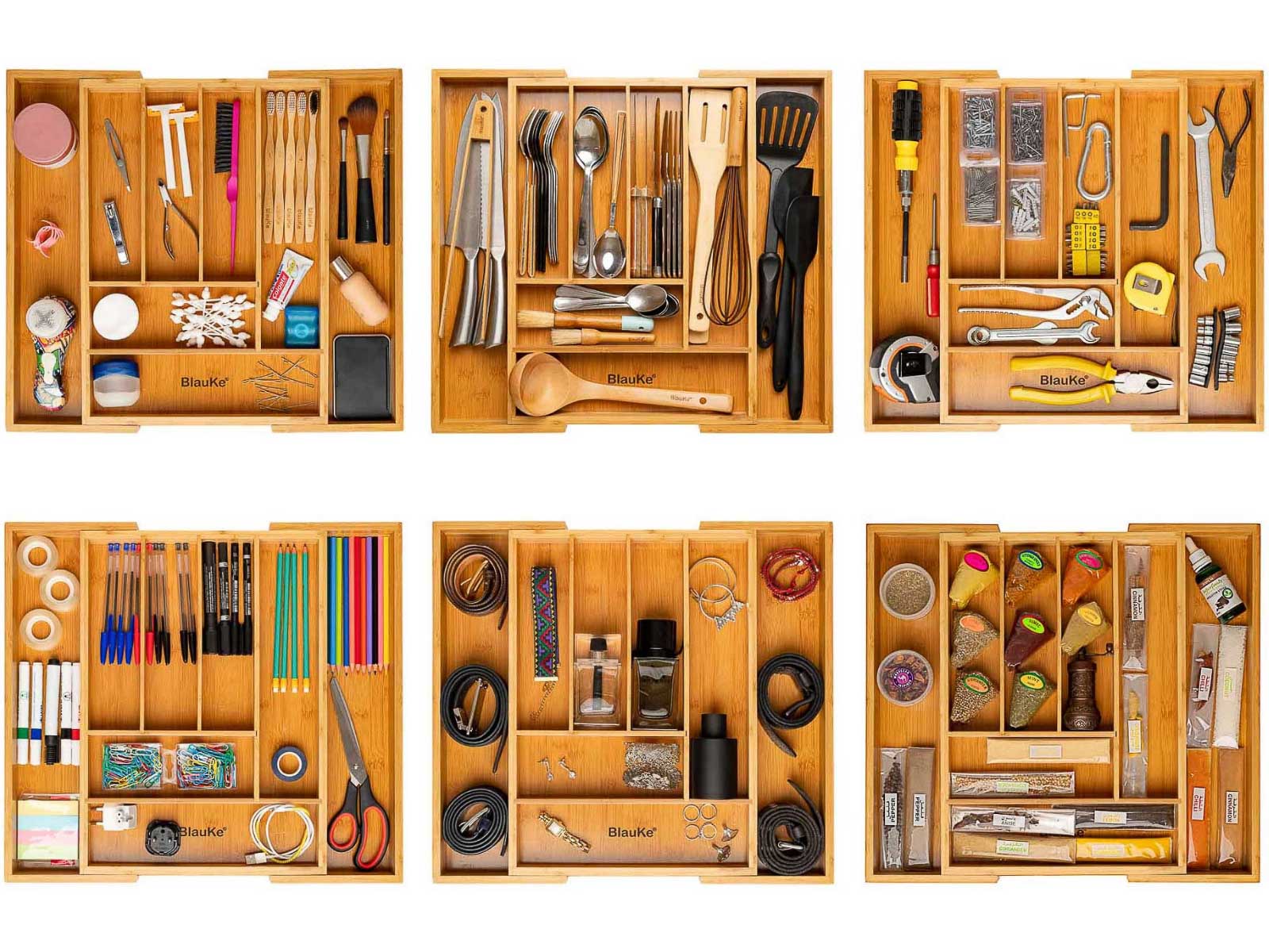Expandable Bamboo Drawer Organizer with 6-8 Compartments