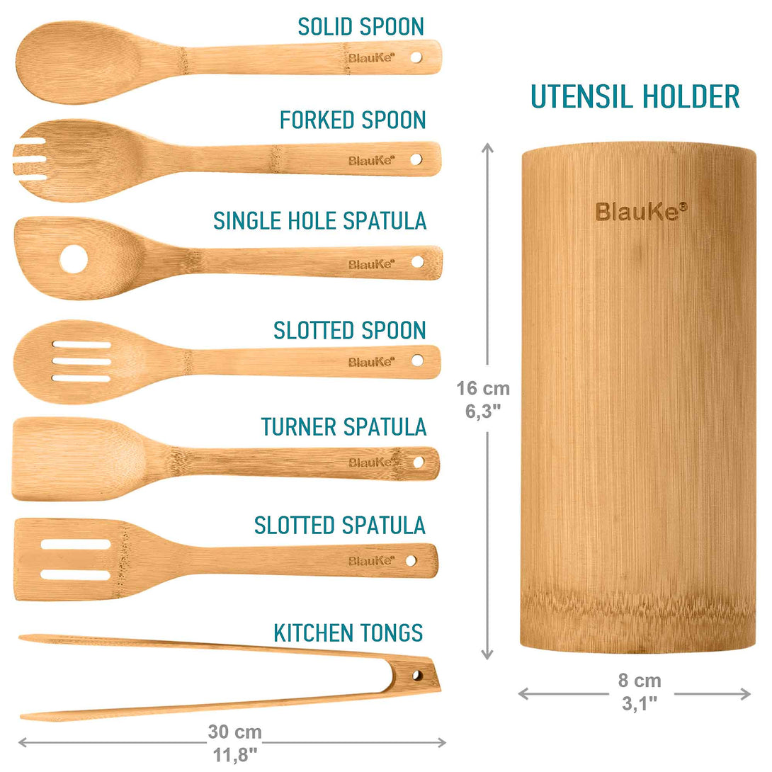 ADKINC Wooden Kitchen Utensil Set Uncoated Dishwasher Safe Bamboo Cooking Utensils Set with Holes, Organic Teak Wooden Spoons for Co