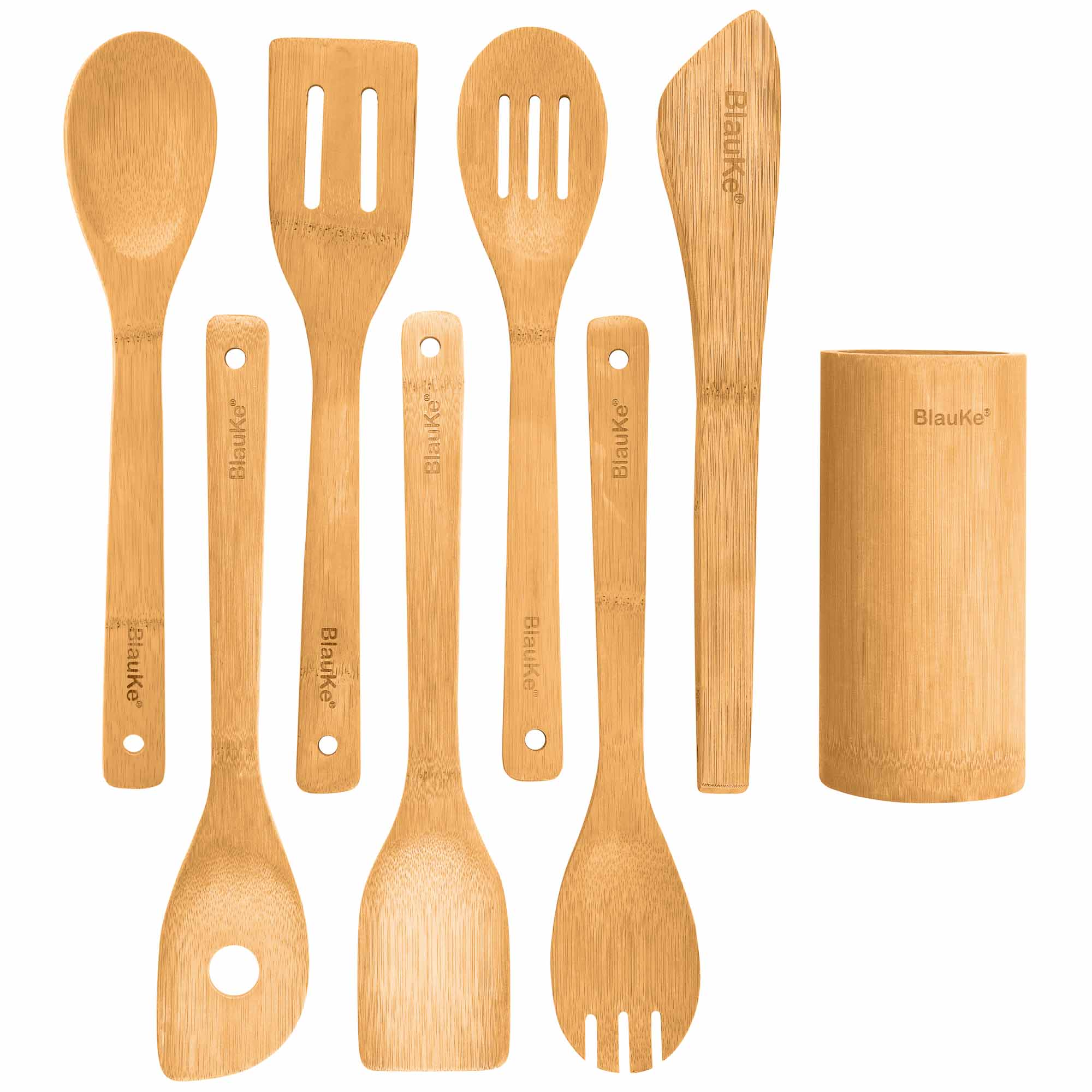 Bamboo Kitchen Utensils Set 8-Pack - Wooden Cooking Utensils for Nonstick Cookware - Wooden Cooking Spoons, Spatulas, Turner, Tongs, Utensil Holder