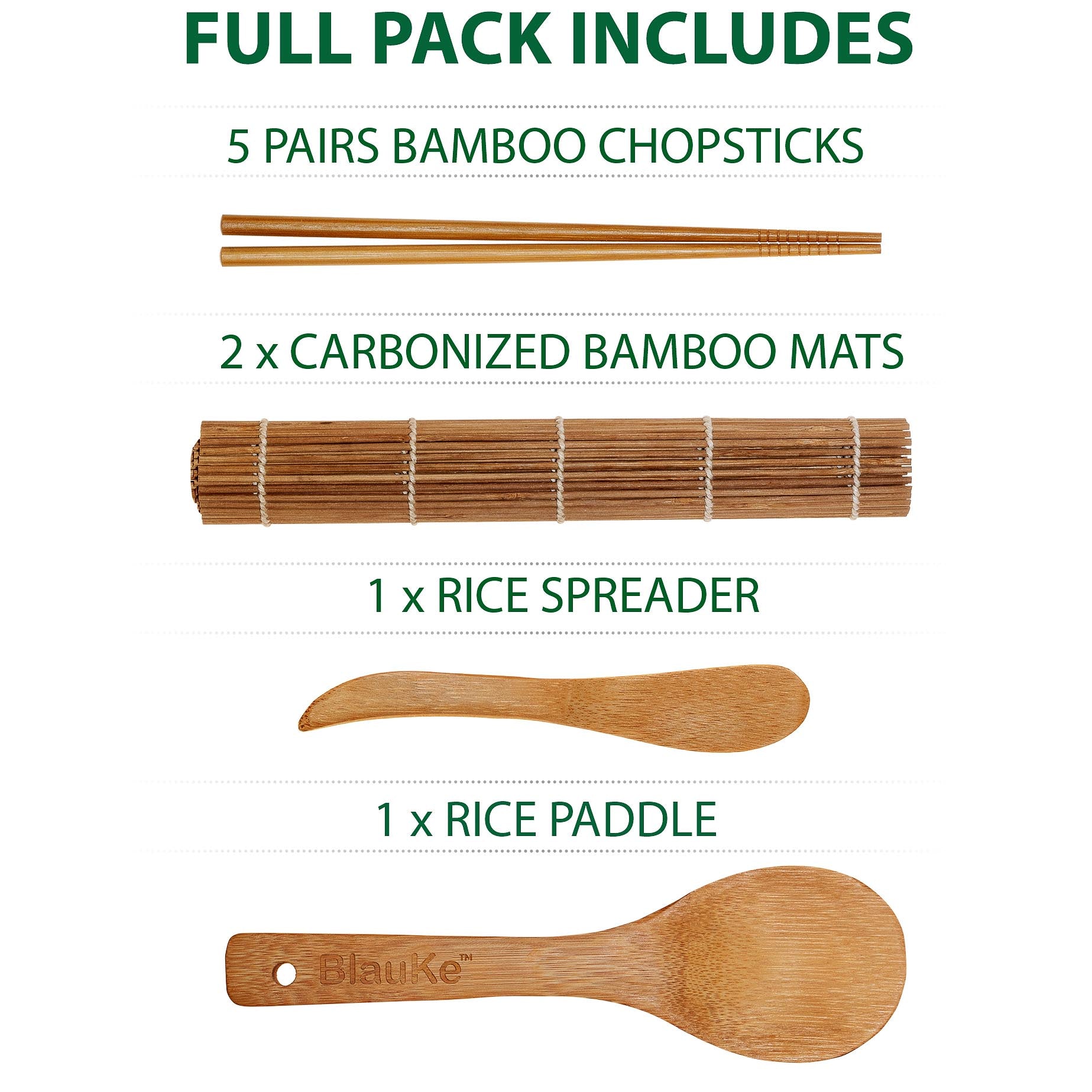 Bamboo Sushi Making Kit with 2 Sushi Rolling Mats, 5 Pairs of Reusable Bamboo Chopsticks, 1 Rice Paddle and 1 Spreader - Beginner Sushi Kit
