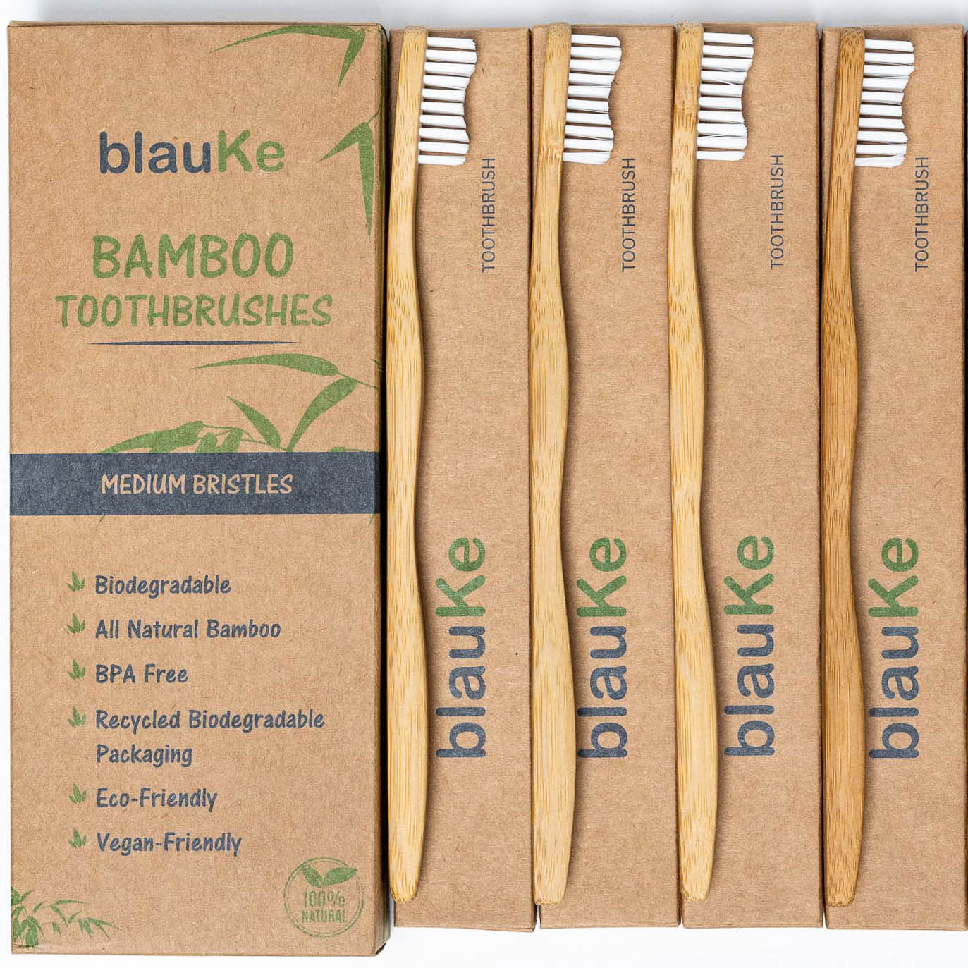 Bamboo Toothbrush Set 4-Pack - Bamboo Toothbrushes with Medium Bristles for Adults - Eco-Friendly, Biodegradable, Natural Wooden Toothbrushes