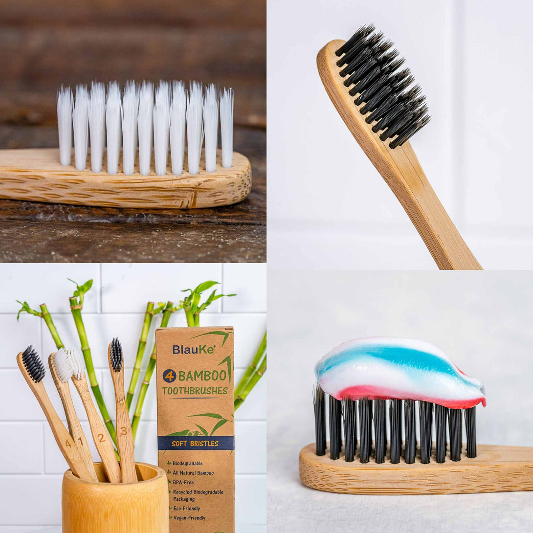 Bamboo Toothbrush Medium Bristle 4-Pack | Eco Friendly Wooden Toothbrushes Medium Bamboo Toothbrushes for Adults | Compostable Biodegradable & Natural Wood Toothbrush Set 