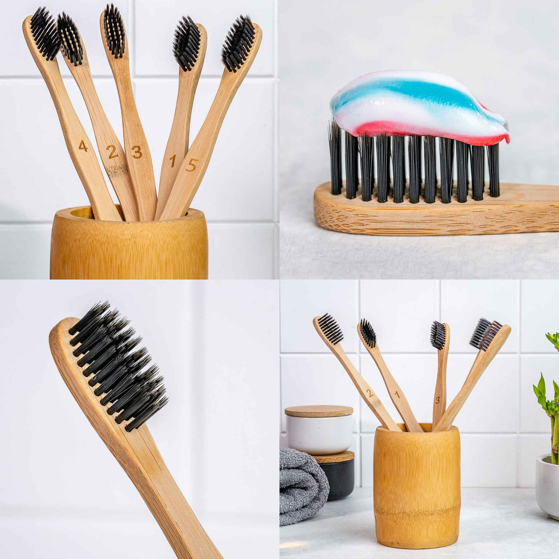 Bamboo Toothbrush Medium Bristle 5-Pack | Organic Black Toothbrush Set | Compostable Eco Friendly Wooden Toothbrushes Medium Charcoal Toothbrushes For Adults | Natural Biodegradable Wood Toothbrush - 109