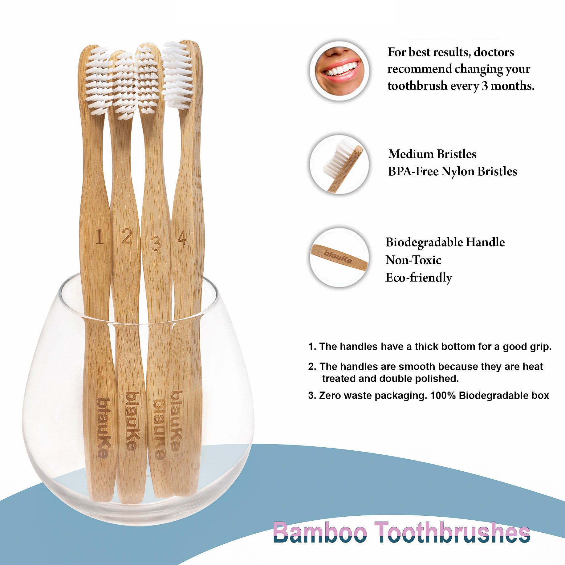 Bamboo Toothbrush Set 4-Pack - Bamboo Toothbrushes with Medium Bristles for Adults - Eco-Friendly, Biodegradable, Natural Wooden Toothbrushes