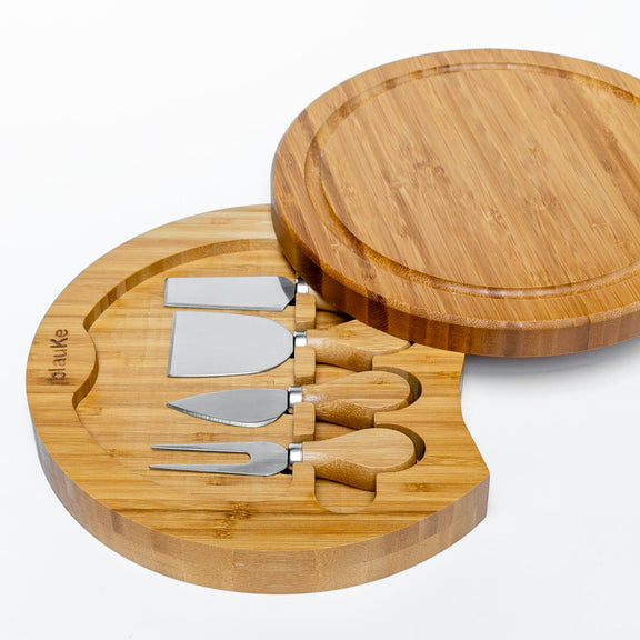 Bamboo Cheese Board and Knife Set 10 Inch Swiveling Charcuterie Boar