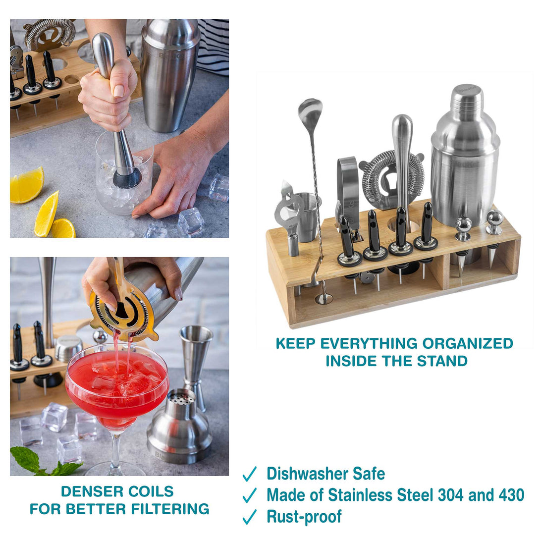 Cocktail Shaker Set with Stand | 17-Piece Mixology Bartender Kit Bar Set: 25oz Martini Shaker, Jigger, Strainer, Muddler, Mixing Spoon, Tongs | Stainless Steel Bar Accessories Tools for Drink Mixing
