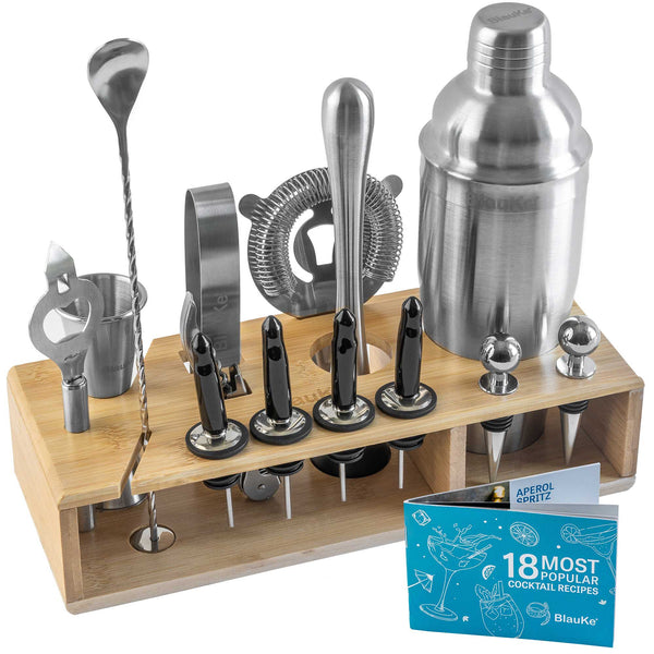 Cocktail Shaker Set with Stand | 17-Piece Mixology Bartender Kit Bar Set: 25oz Martini Shaker, Jigger, Strainer, Muddler, Mixing Spoon, Tongs | Stainless Steel Bar Accessories Tools for Drink Mixing