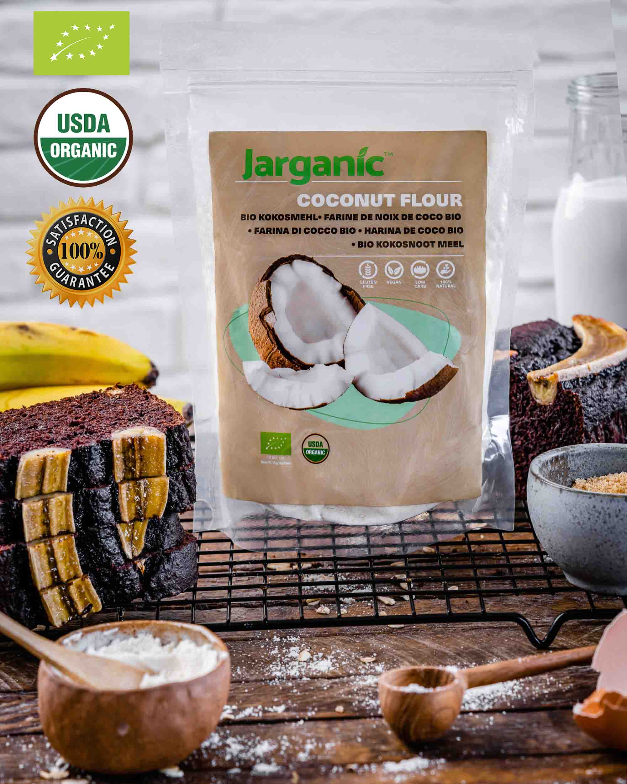 Organic Coconut Flour with Ingredients and banana bread