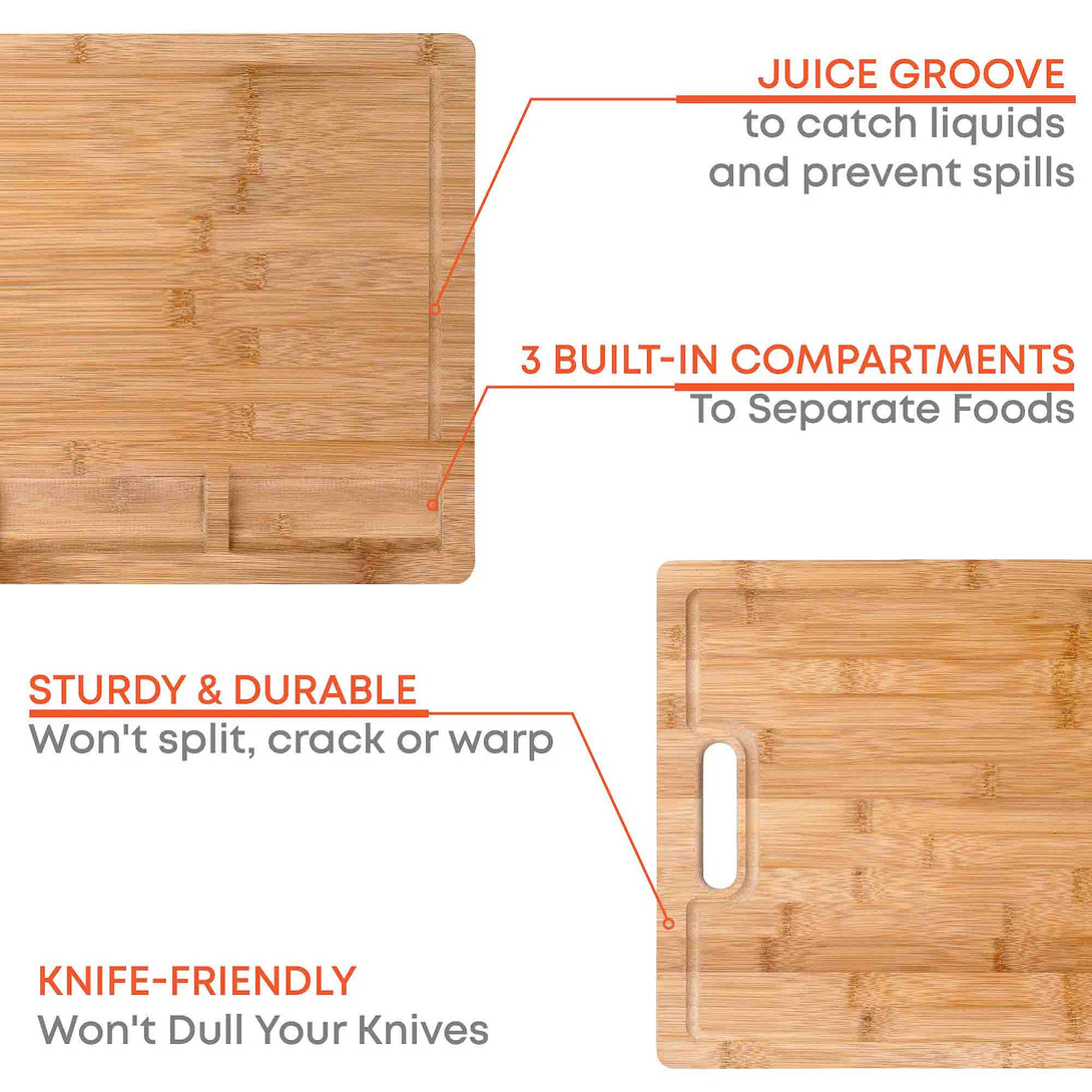 Large Wood Cutting Board for Kitchen 14x11 inch - Bamboo Chopping Board  with Juice Groove - Wooden Serving Tray