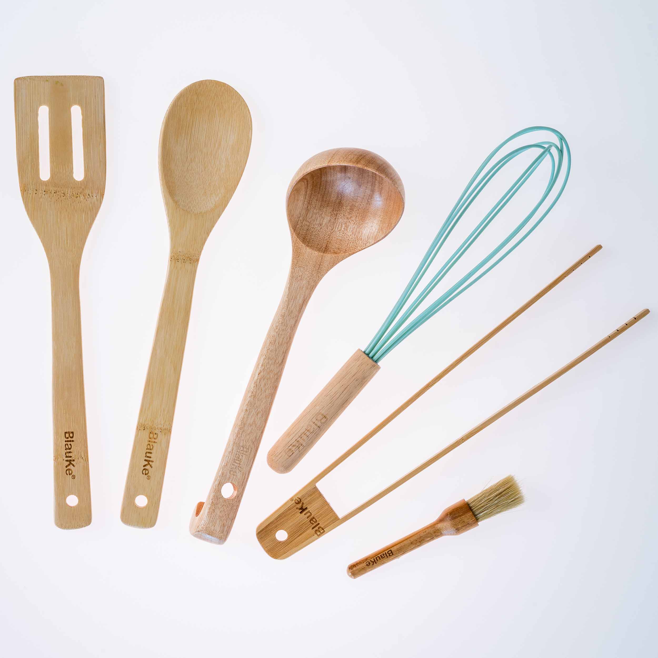 Bamboo Cooking Utensils Set of 6 - Wooden Kitchen Utensils for Non Stick Cookware - Wooden Spoon, Spatula, Tongs, Ladle, Whisk, Brush