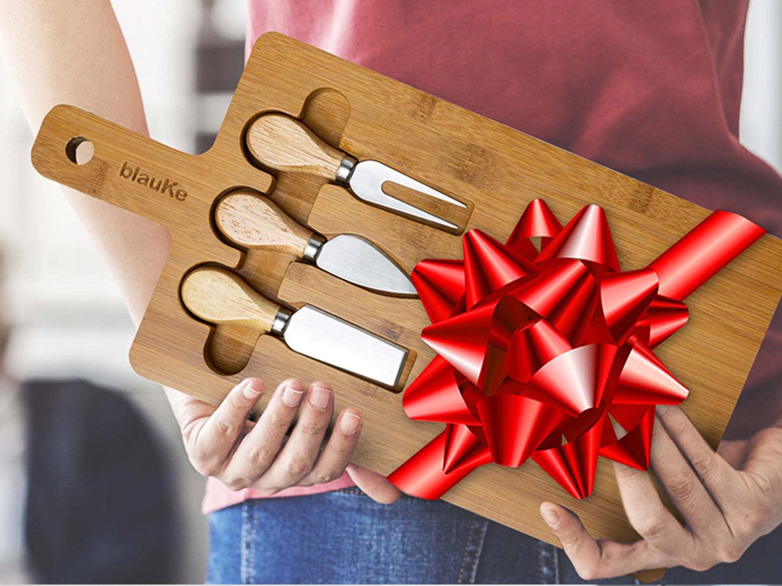 Bamboo Cheese Board and Knife Set - 12x8 inch Charcuterie Board with Magnetic Cutlery Storage - Wood Serving Tray with Handle